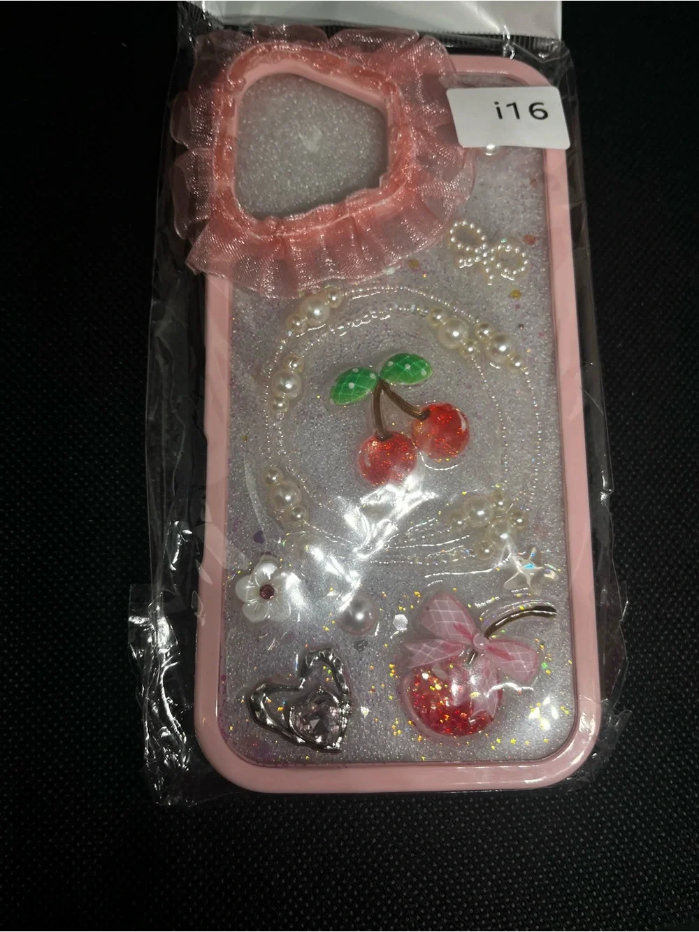 iPhone 16 Pink Glitter Cherry Phone Case with Bow and Pearls